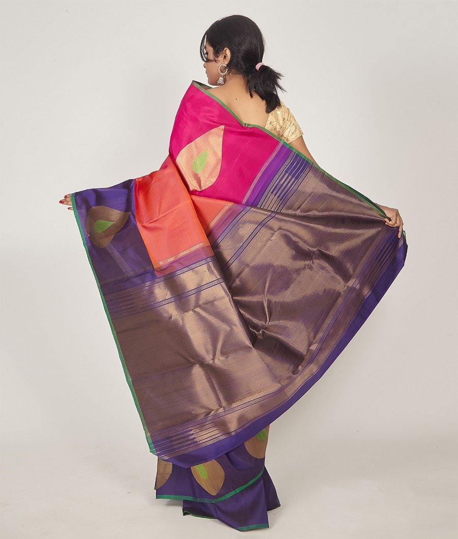 Tomato Pink Kanchipuram Saree Gold Zari Ganga Jamuna Border - kaystore.in