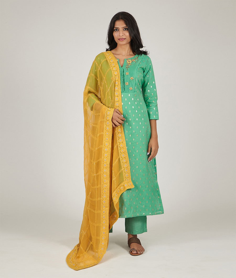 Green Banarasi Cotton Salwar Kameez - kaystore.in