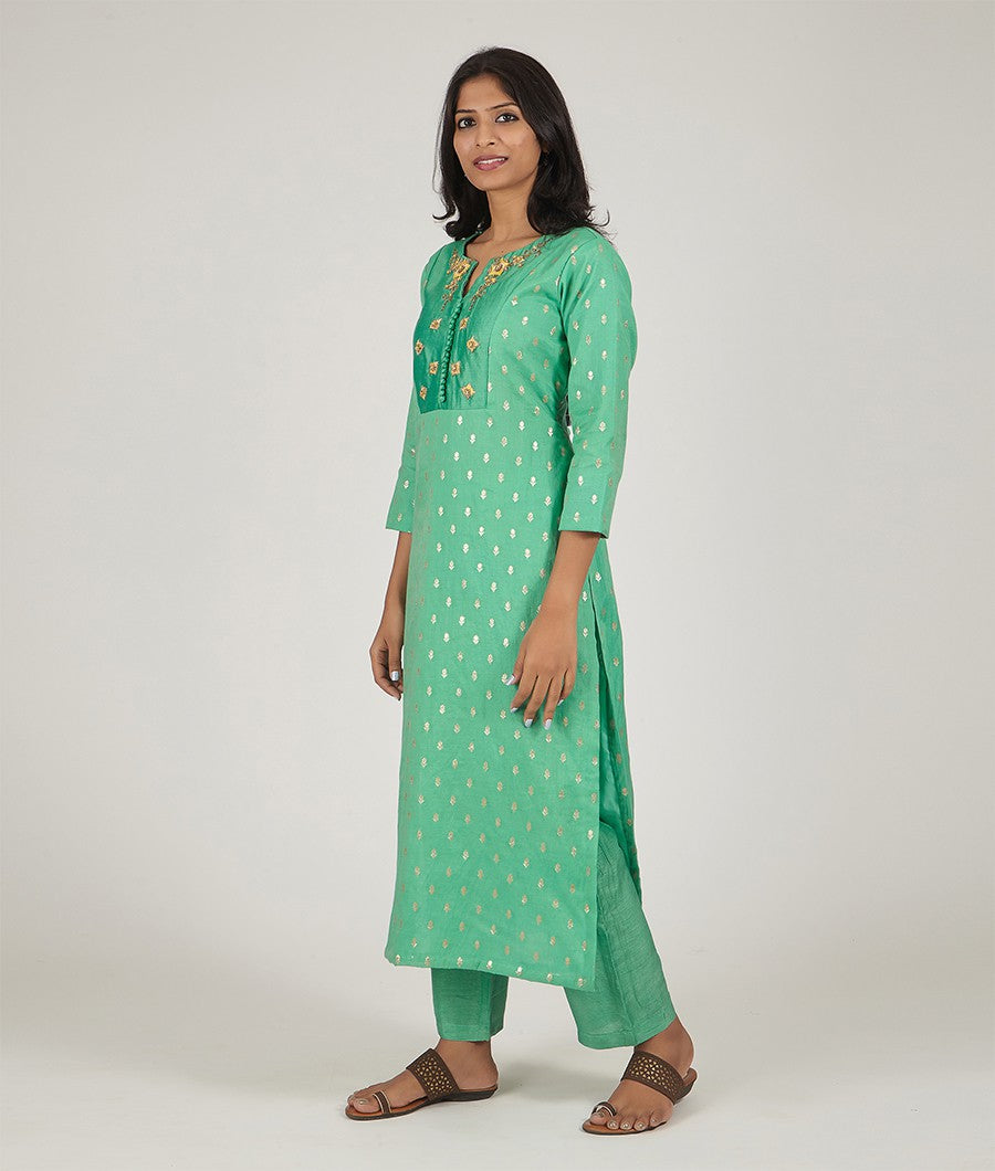 Green Banarasi Cotton Salwar Kameez - kaystore.in