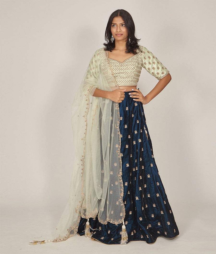 Navy Blue Velvet Lehenga With Sequins, Cutdana & Zardosi