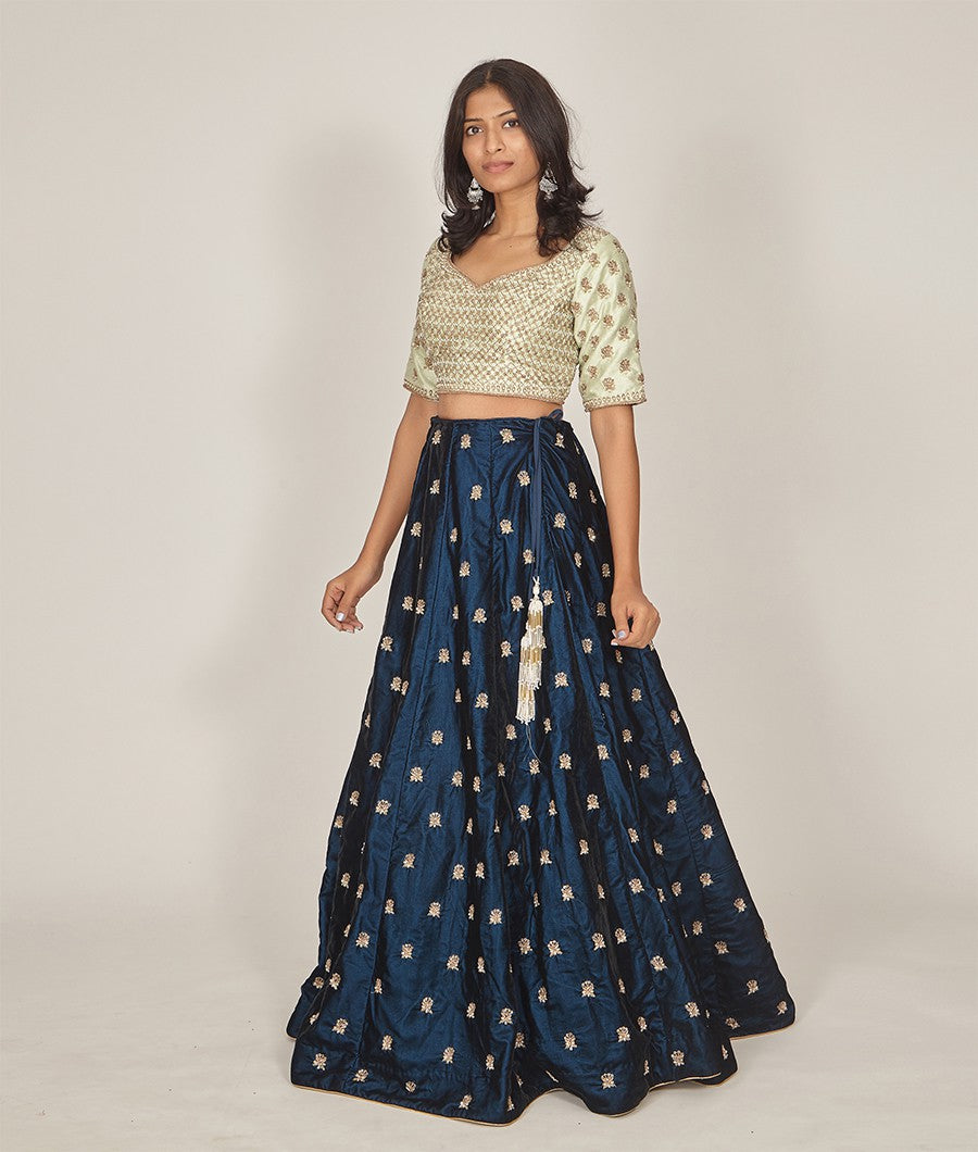 Navy Blue Velvet Lehenga With Sequins, Cutdana & Zardosi