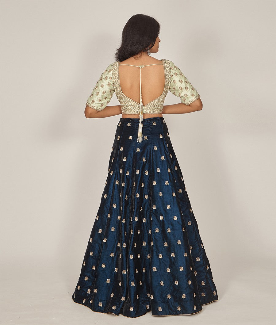 Navy Blue Velvet Lehenga With Sequins, Cutdana & Zardosi