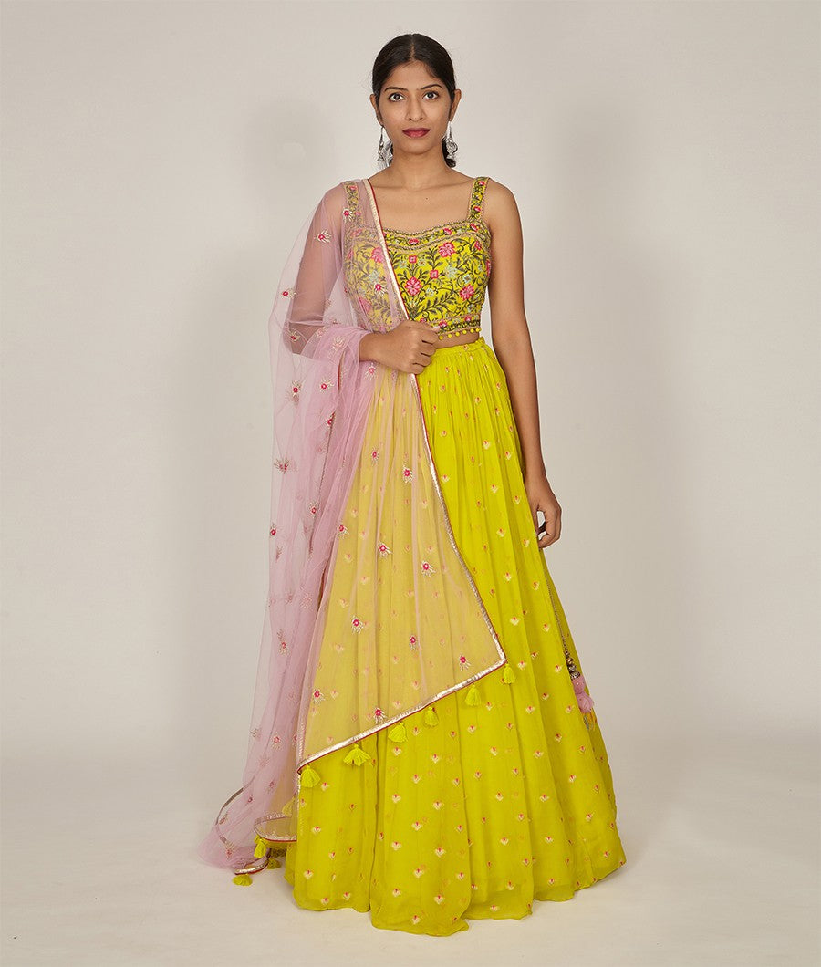 Green Banarasi Georgette Lehenga - kaystore.in