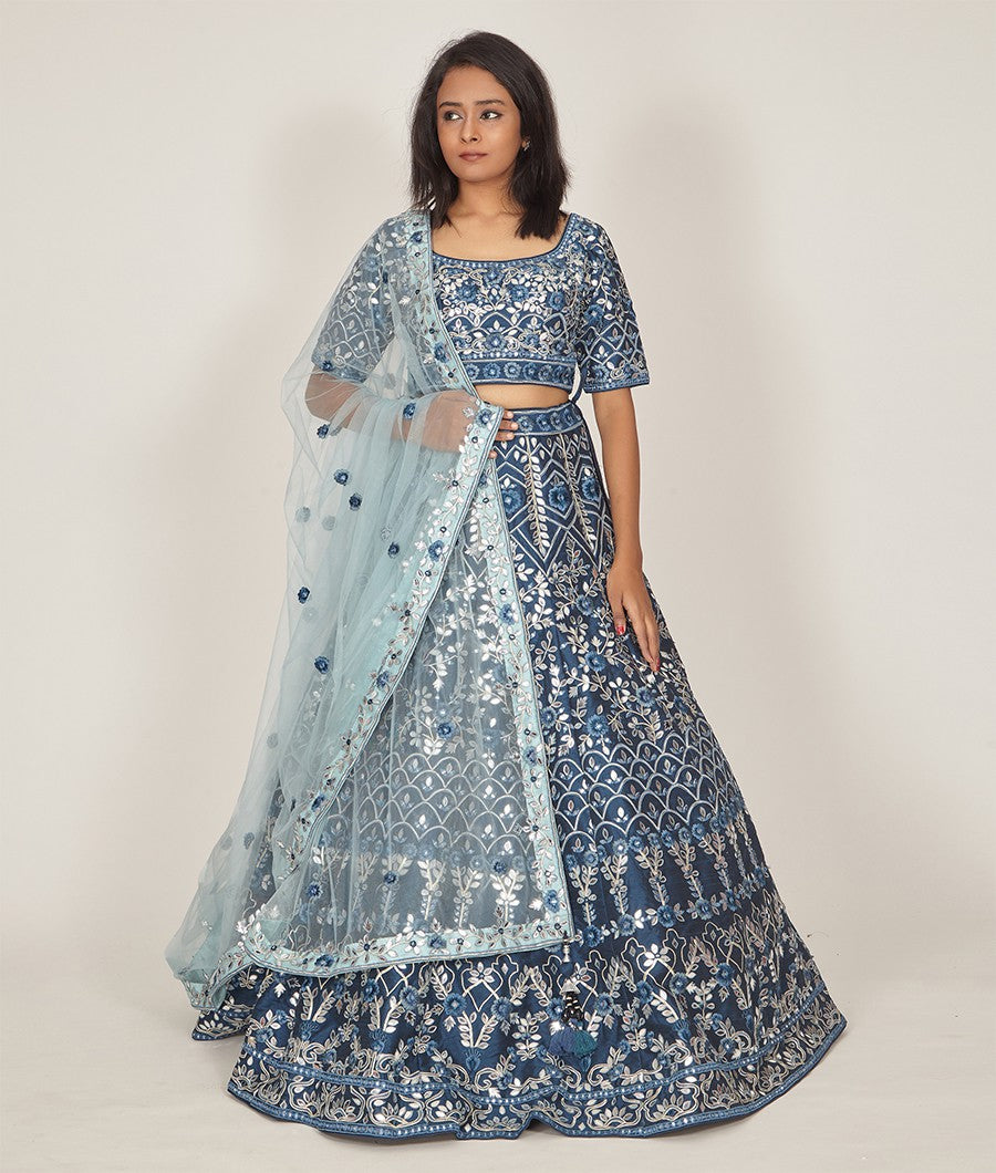 Navy Blue Raw Silk Lehenga - kaystore.in