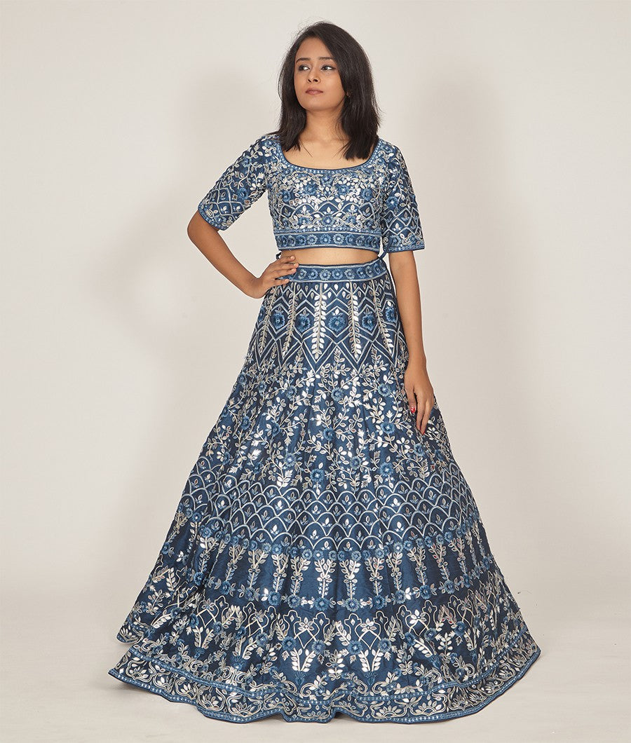 Navy Blue Raw Silk Lehenga - kaystore.in