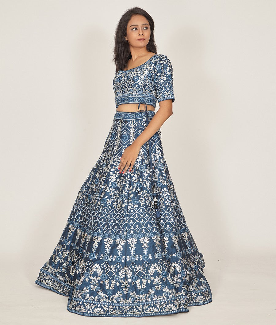 Navy Blue Raw Silk Lehenga - kaystore.in