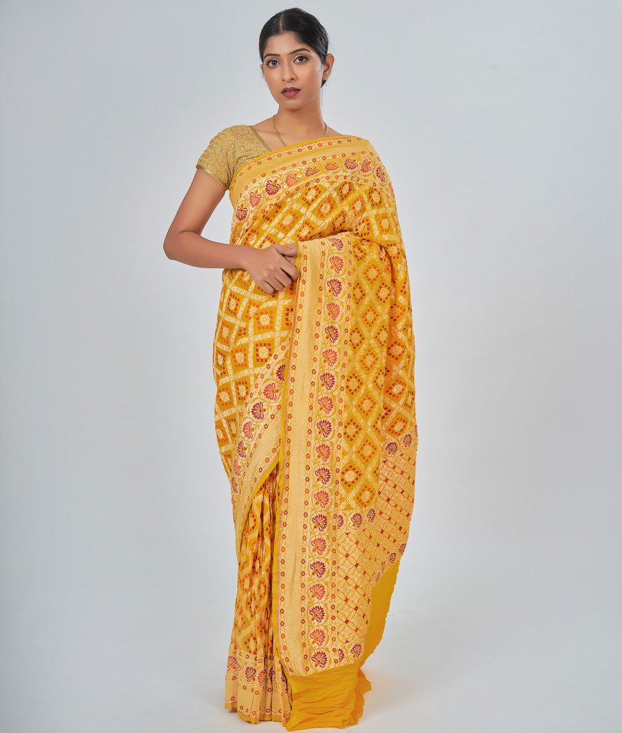 Yellow Georgette Saree Bandhani Print Gold Zari - kaystore.in