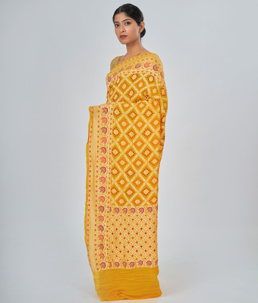 Yellow Georgette Saree Bandhani Print Gold Zari - kaystore.in