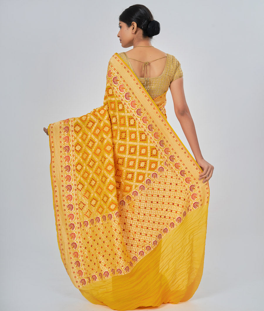 Yellow Georgette Saree Bandhani Print Gold Zari - kaystore.in