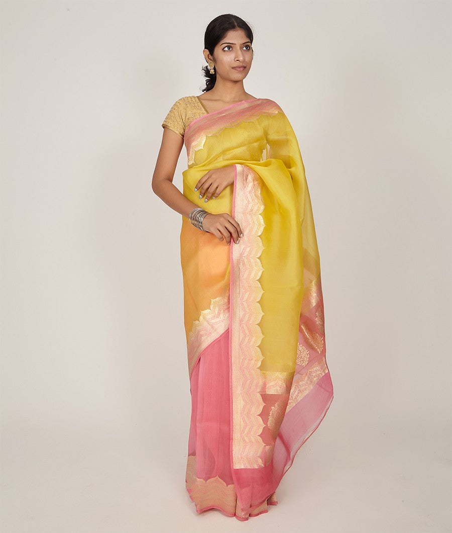 Yellow Banarasi Organza Silk Saree Gold Zari Half And Half - kaystore.in