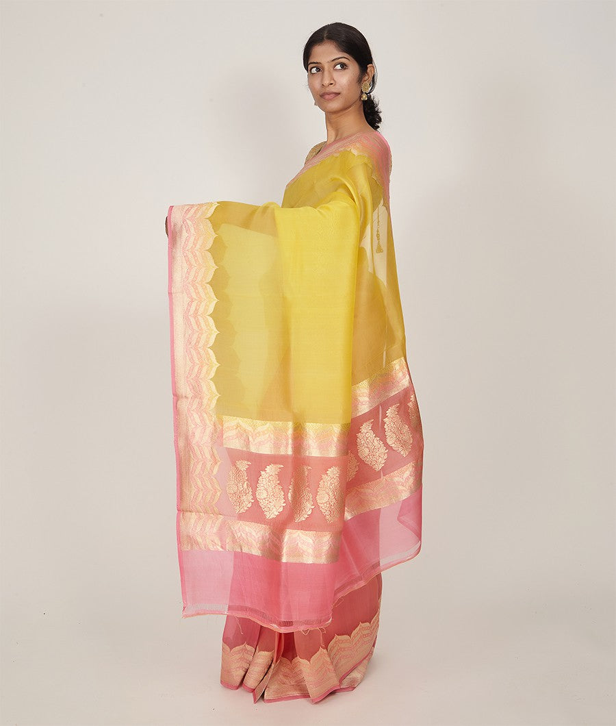 Yellow Banarasi Organza Silk Saree Gold Zari Half And Half - kaystore.in