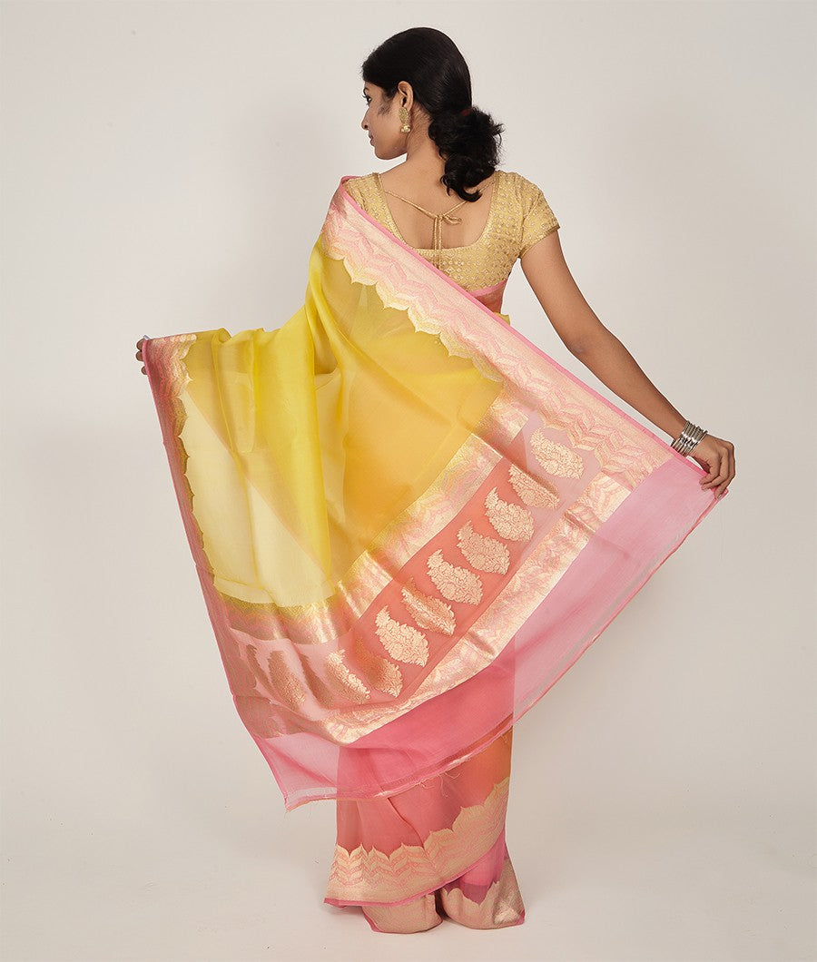 Yellow Banarasi Organza Silk Saree Gold Zari Half And Half - kaystore.in