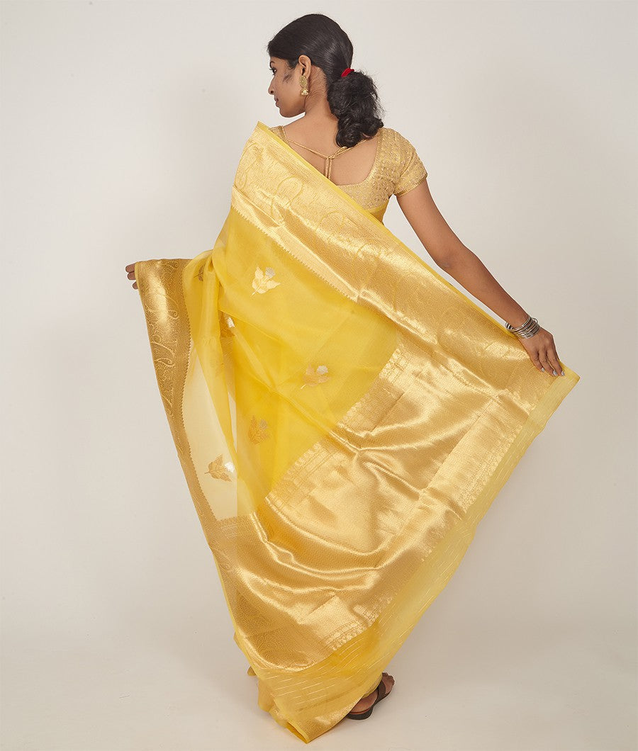 Yellow Banarasi Kora Silk Saree Gold Zari - kaystore.in