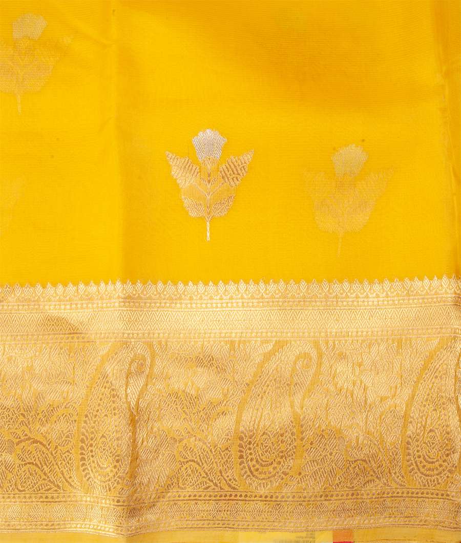 Yellow Banarasi Kora Silk Saree Gold Zari - kaystore.in