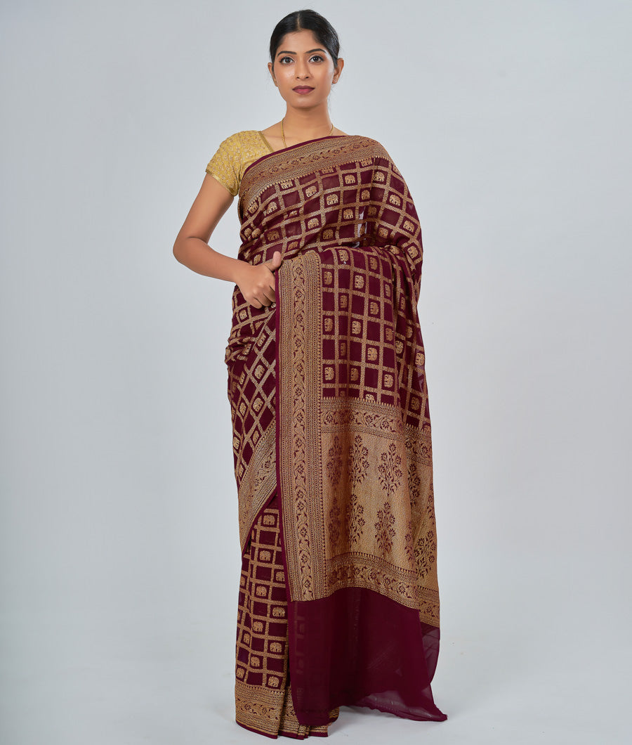 Wine Khaddi Saree Alover Zari Weaving Antique Zari - kaystore.in