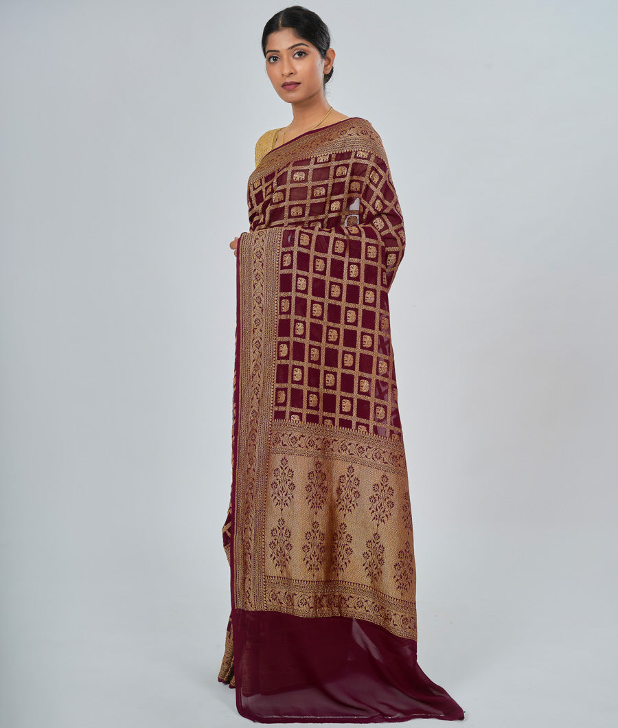 Wine Khaddi Saree Alover Zari Weaving Antique Zari - kaystore.in