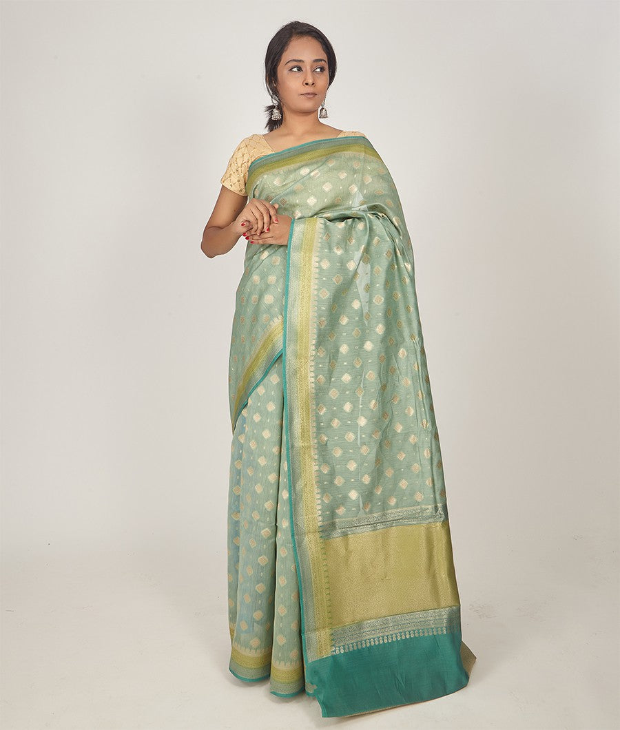 Green Banarasi Chanderi Silk Saree Gold Zari Brocade Blouse - kaystore.in