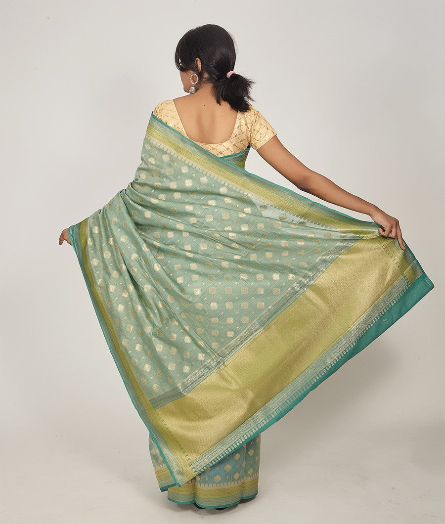 Green Banarasi Chanderi Silk Saree Gold Zari Brocade Blouse - kaystore.in