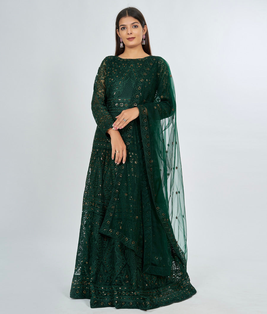 Bottle Green Net Salwar Kameez Anarkali - kaystore.in