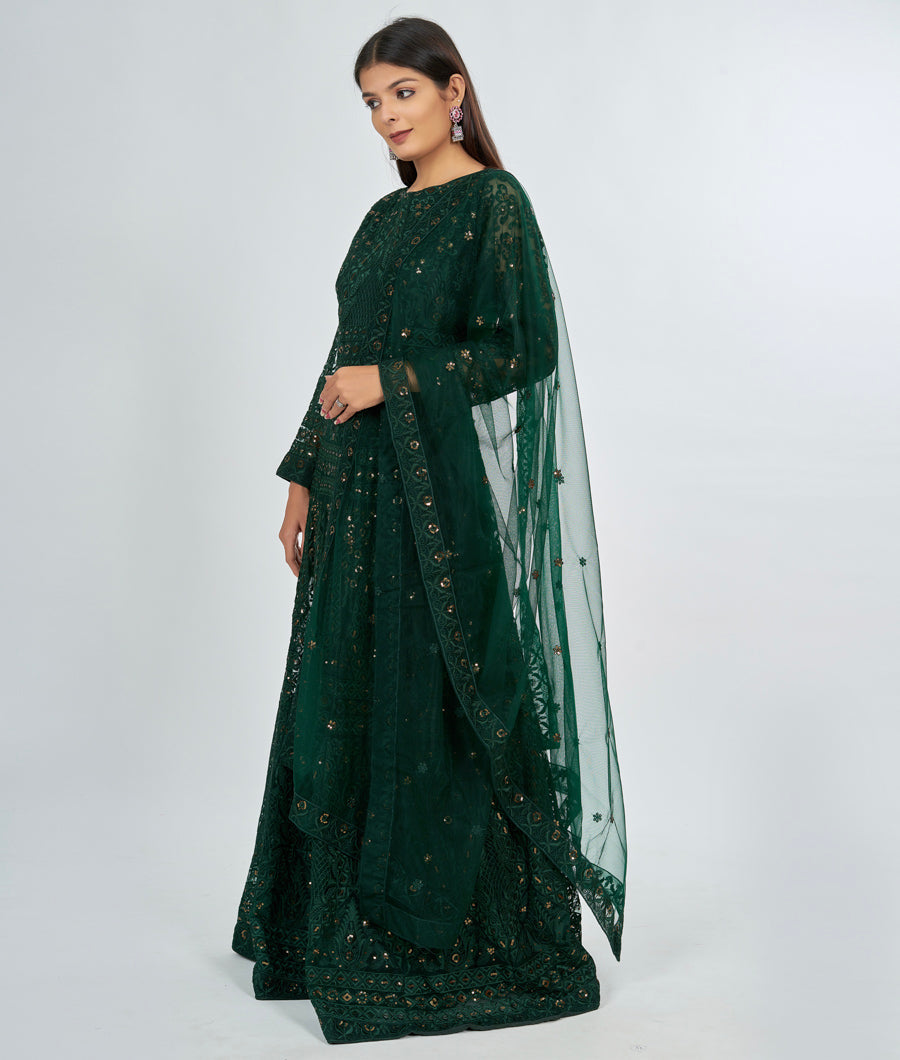 Bottle Green Net Salwar Kameez Anarkali - kaystore.in