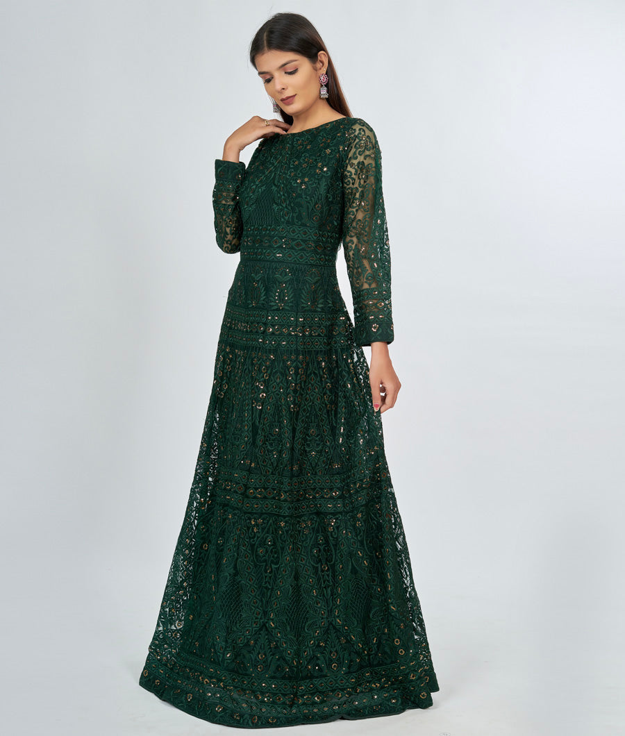 Bottle Green Net Salwar Kameez Anarkali - kaystore.in