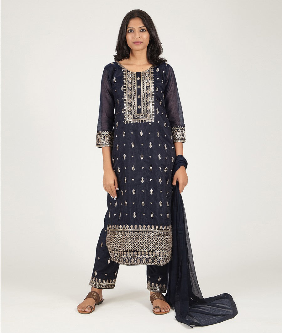 Navy Blue Chanderi Silk Cotton Salwar Kameez - kaystore.in