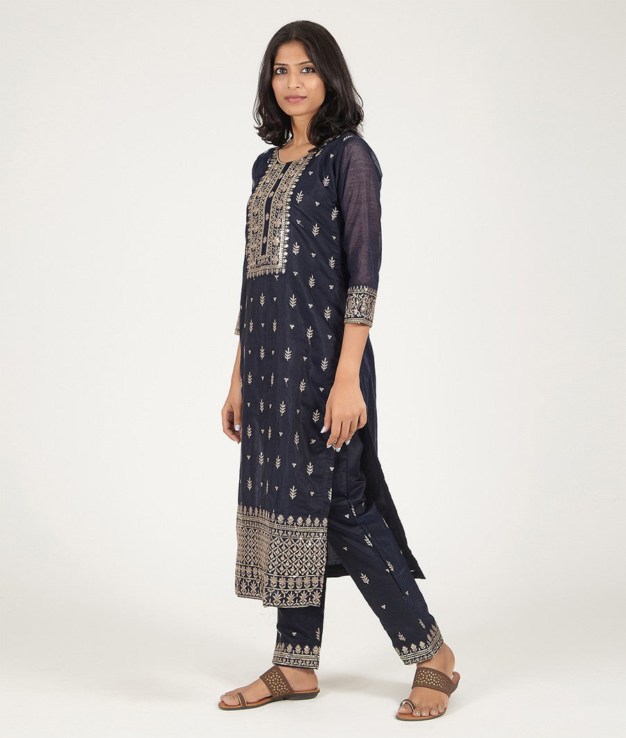 Navy Blue Chanderi Silk Cotton Salwar Kameez - kaystore.in