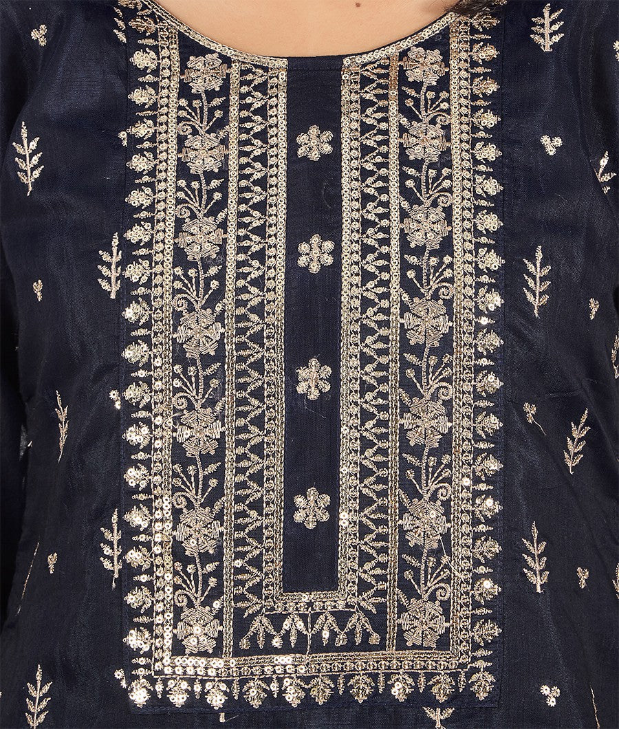 Navy Blue Chanderi Silk Cotton Salwar Kameez - kaystore.in