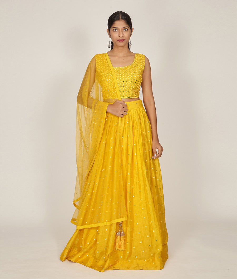 Yellow Chinon Lehenga - kaystore.in