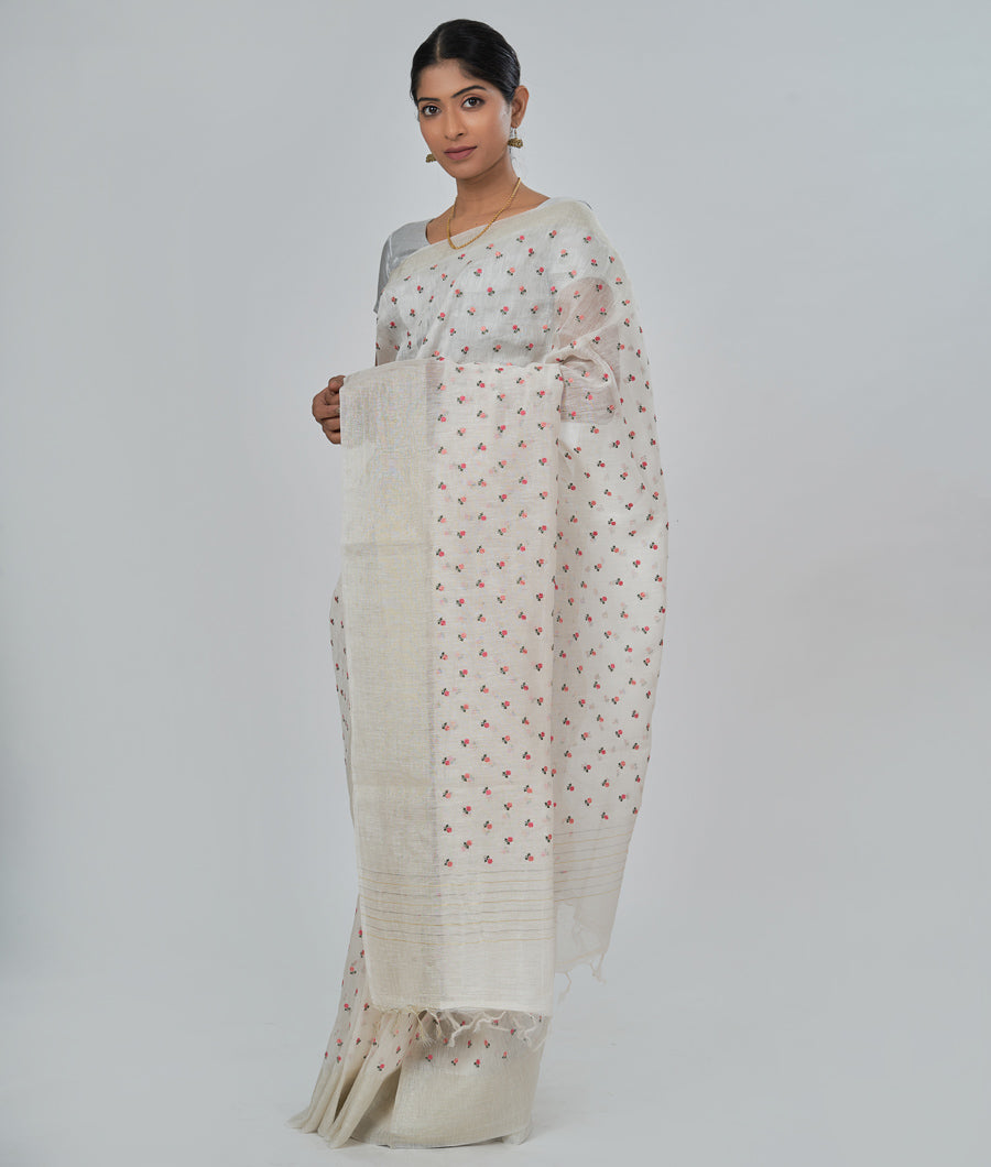 White Linen Saree Thread Embroidery With Floral Print Silver Zari - kaystore.in