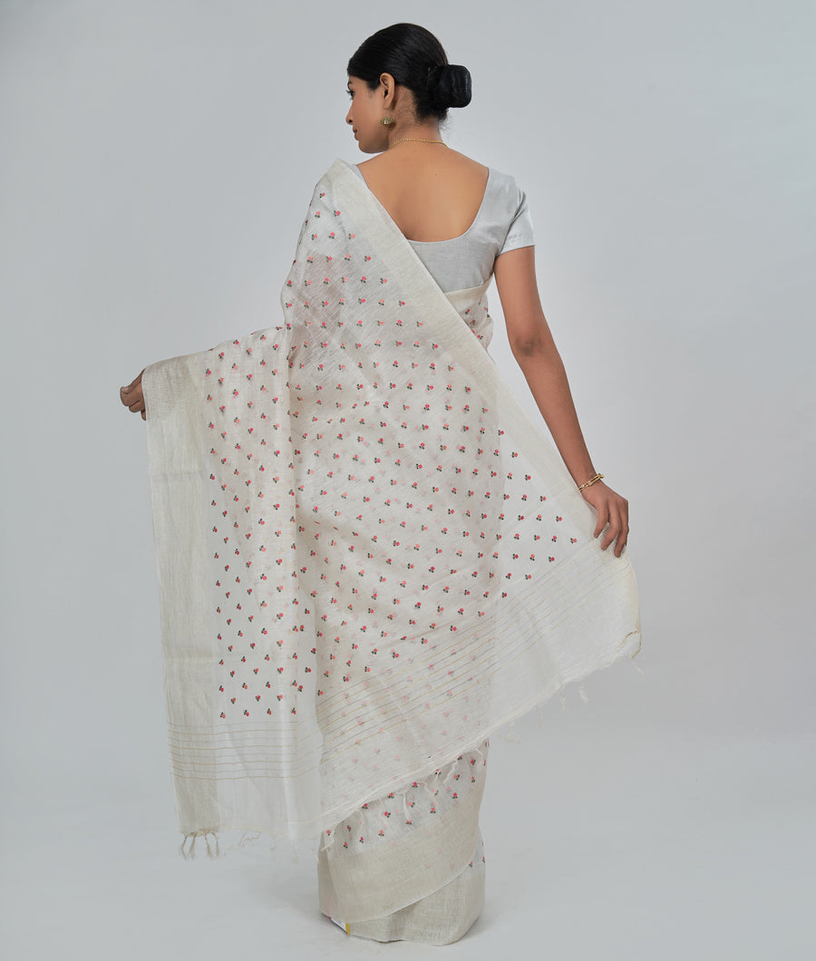 White Linen Saree Thread Embroidery With Floral Print Silver Zari - kaystore.in
