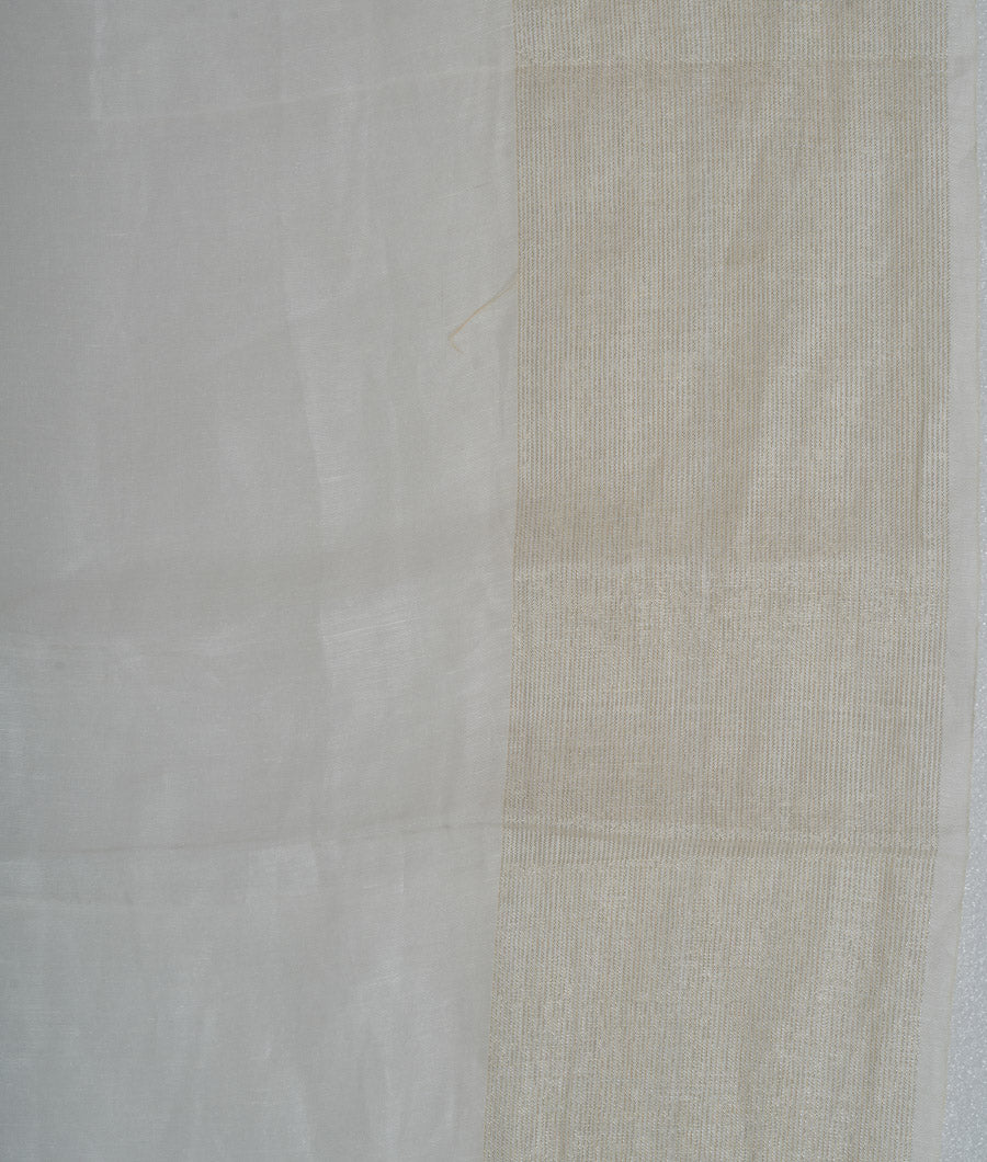 White Linen Saree Thread Embroidery With Floral Print Silver Zari - kaystore.in