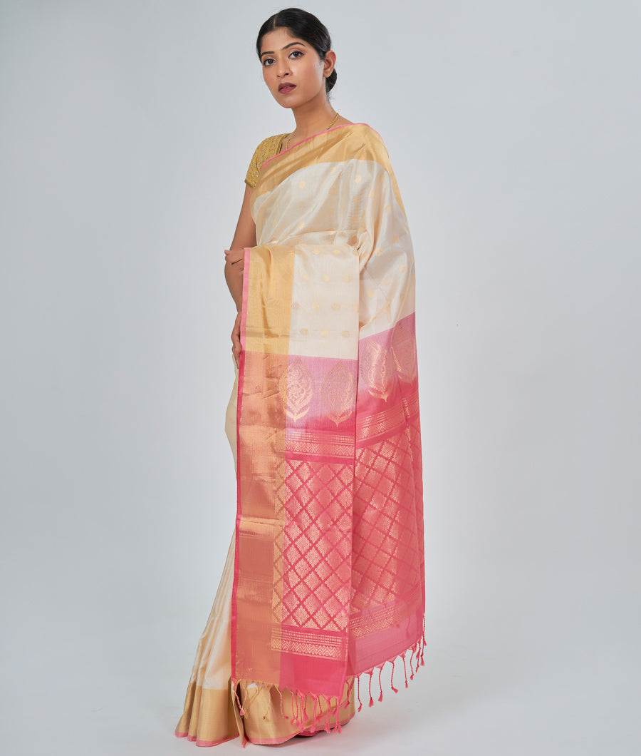 Cream Soft Silk Saree Gold Zari - kaystore.in