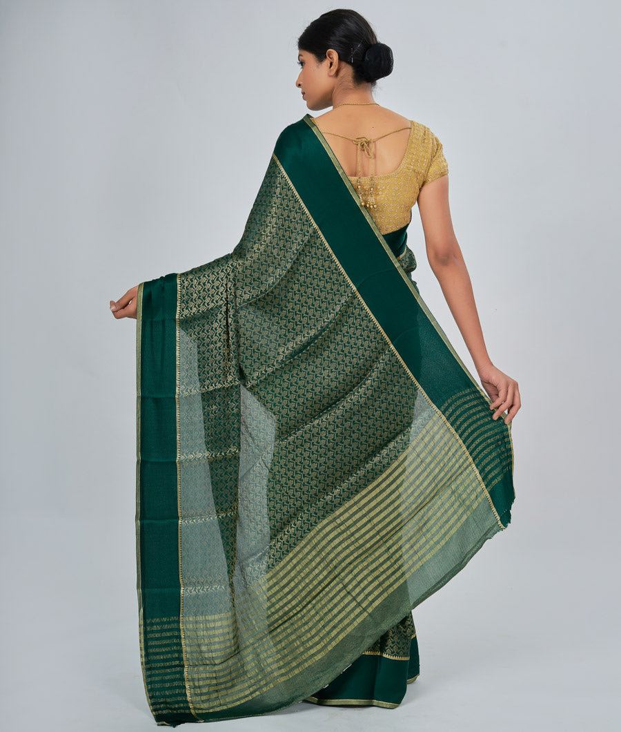 Green Crêpe Saree Gold Zari - kaystore.in