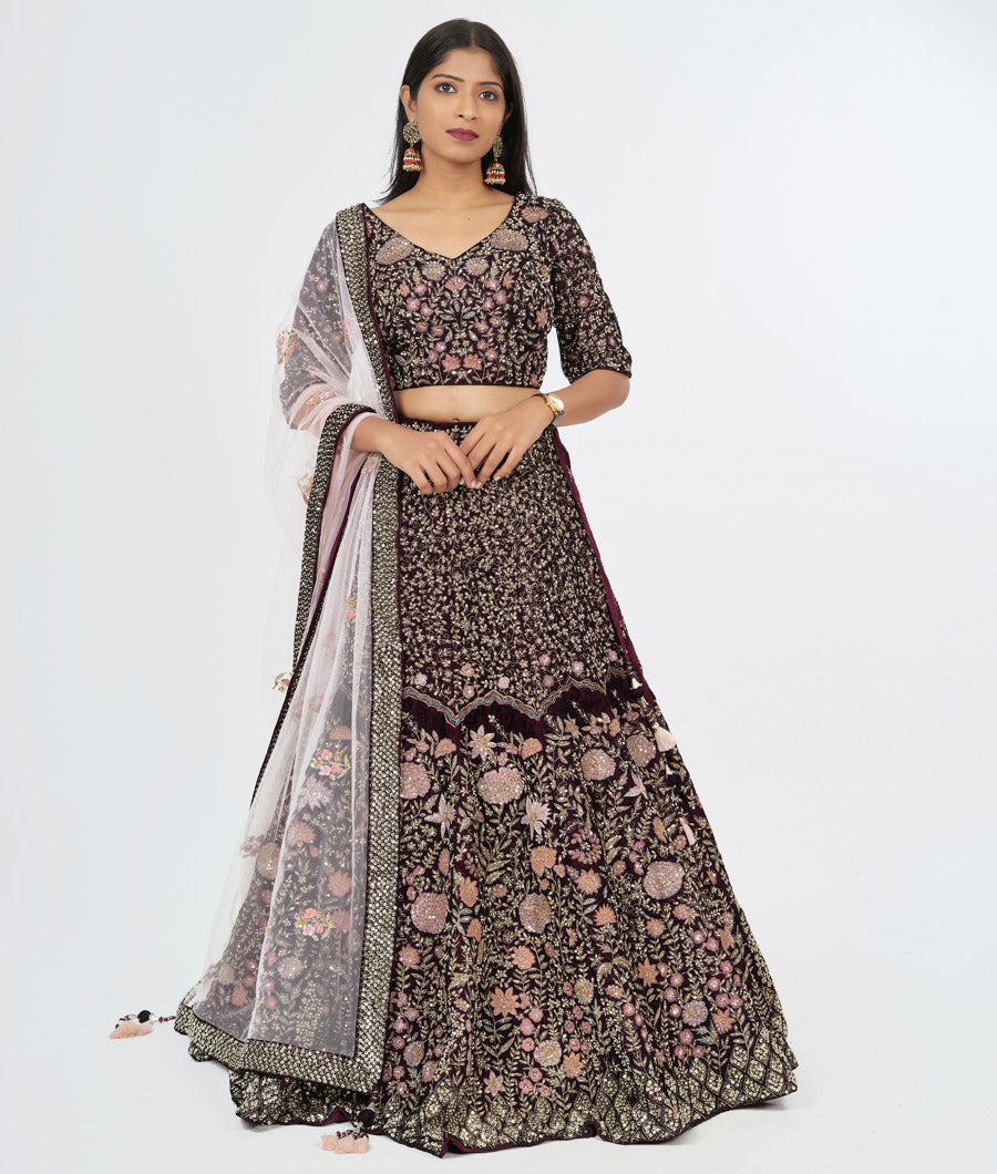 Wine Velvet Zardosi Sequins, Cutdana & Pearl Hand Embroidered Lehenga, Choli & Dupatta Set