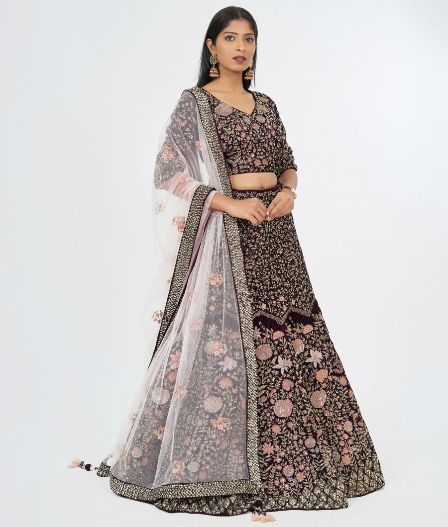 Wine Velvet Zardosi Sequins, Cutdana & Pearl Hand Embroidered Lehenga, Choli & Dupatta Set