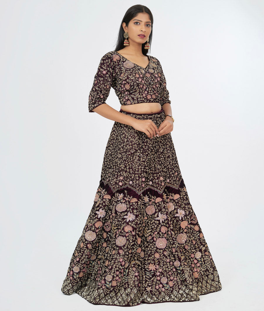 Wine Velvet Zardosi Sequins, Cutdana & Pearl Hand Embroidered Lehenga, Choli & Dupatta Set