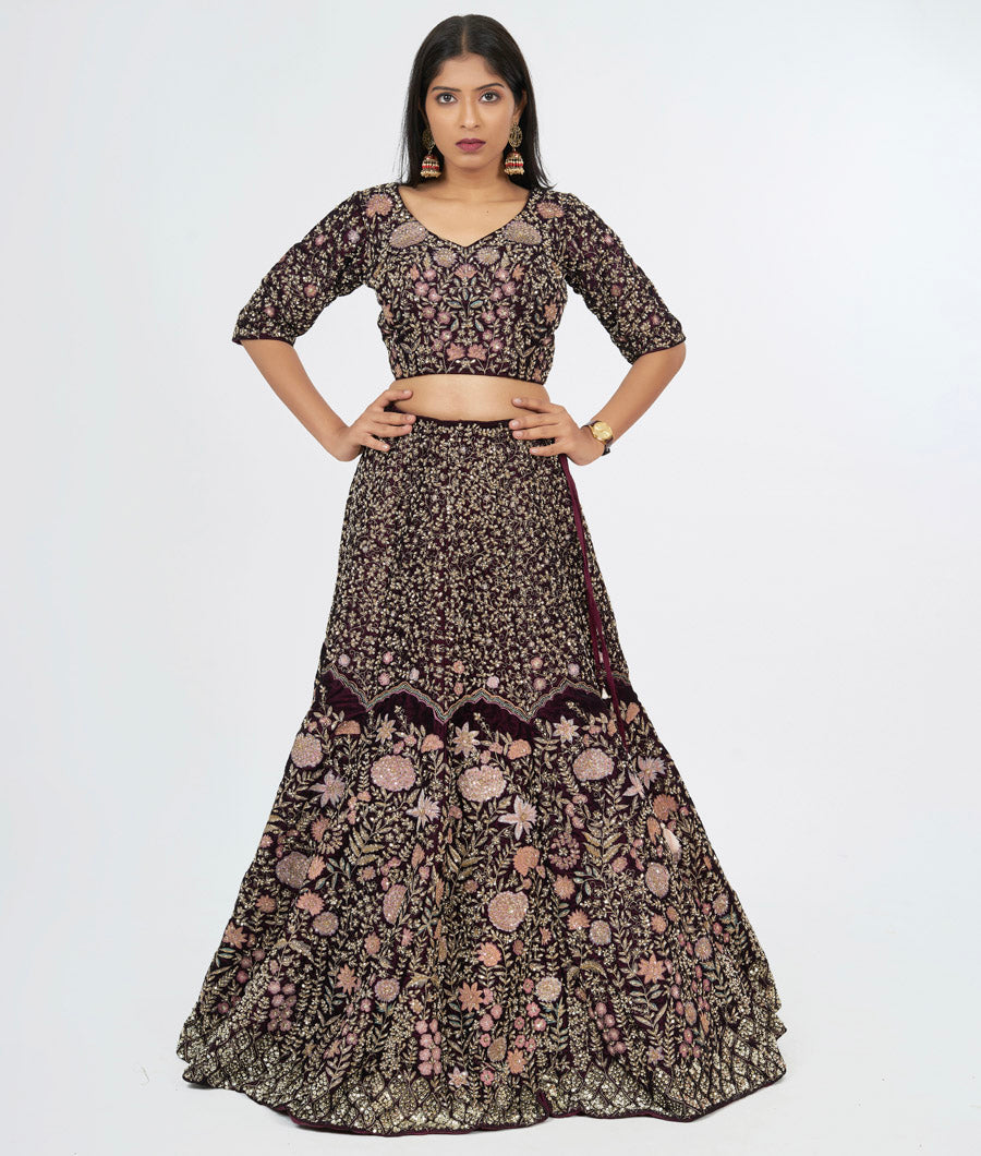 Wine Velvet Zardosi Sequins, Cutdana & Pearl Hand Embroidered Lehenga, Choli & Dupatta Set