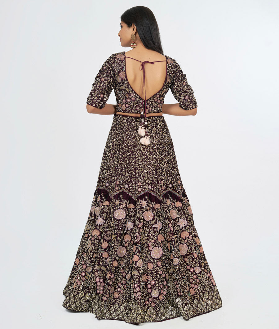 Wine Velvet Zardosi Sequins, Cutdana & Pearl Hand Embroidered Lehenga, Choli & Dupatta Set