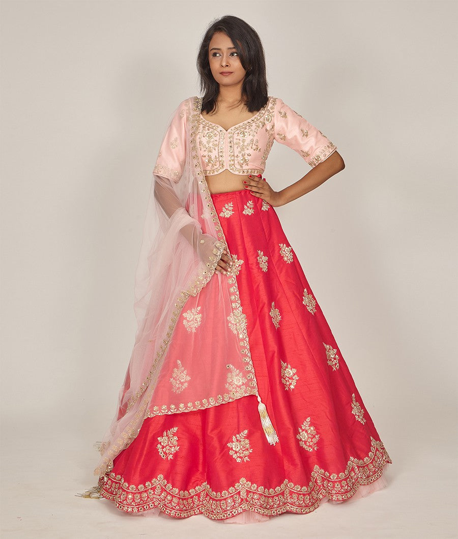 Rani Raw Silk Zardosi, Mirror & Sequins Floral Work Lehenga, Choli & Dupatta Set