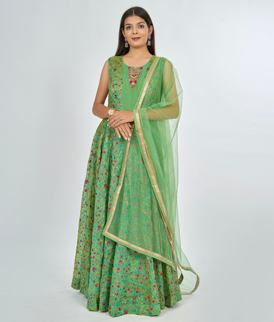 Green Chanderi Silk Salwar Kameez Anarkali - kaystore.in