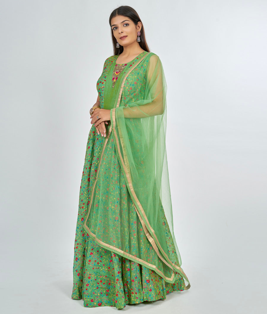 Green Chanderi Silk Salwar Kameez Anarkali - kaystore.in