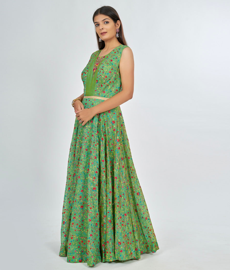 Green Chanderi Silk Salwar Kameez Anarkali - kaystore.in