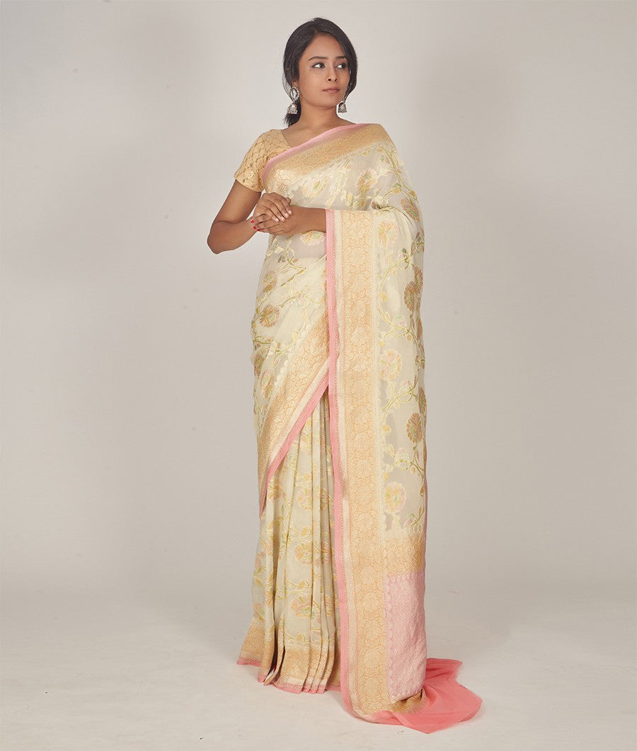 Cream Banarasi Khaddi Georgette Saree Gold Zari - kaystore.in