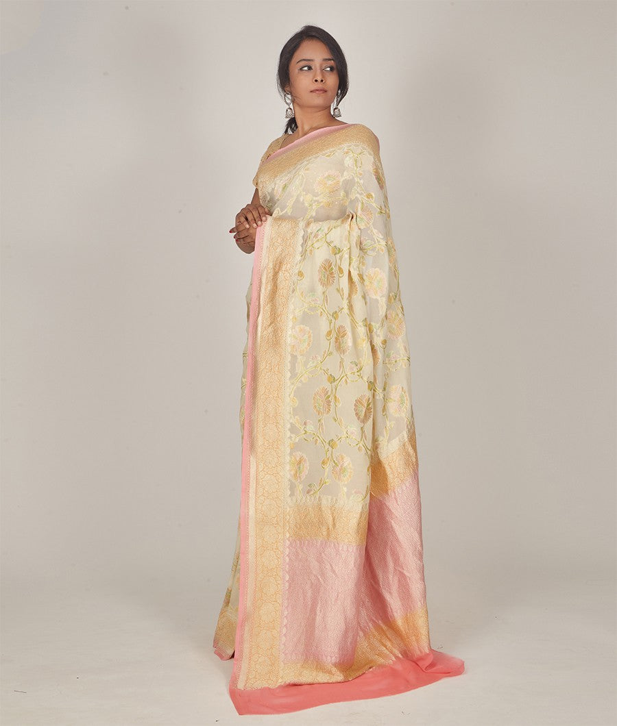 Cream Banarasi Khaddi Georgette Saree Gold Zari - kaystore.in