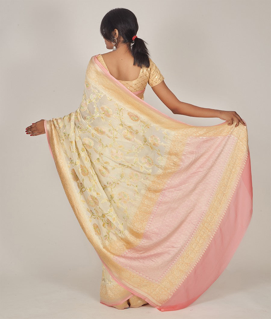 Cream Banarasi Khaddi Georgette Saree Gold Zari - kaystore.in