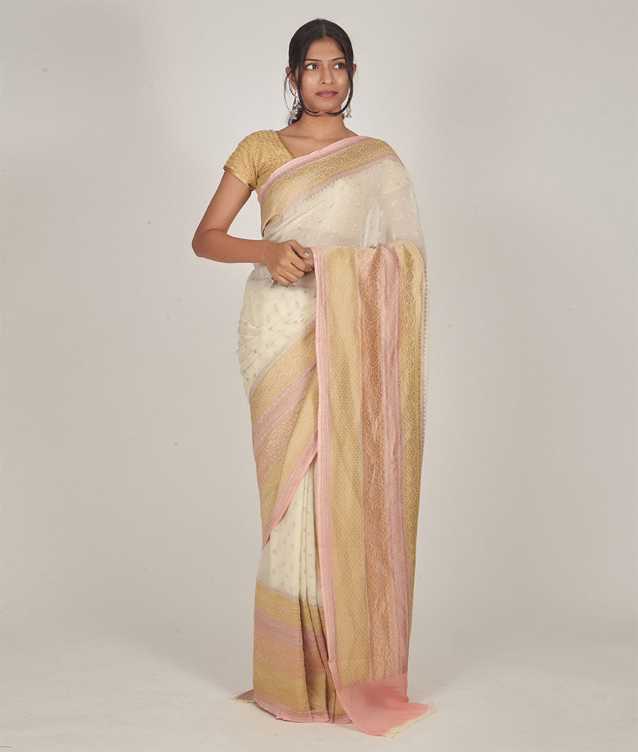 Cream Banarasi Khaddi Georgette Saree Silver Zari - kaystore.in