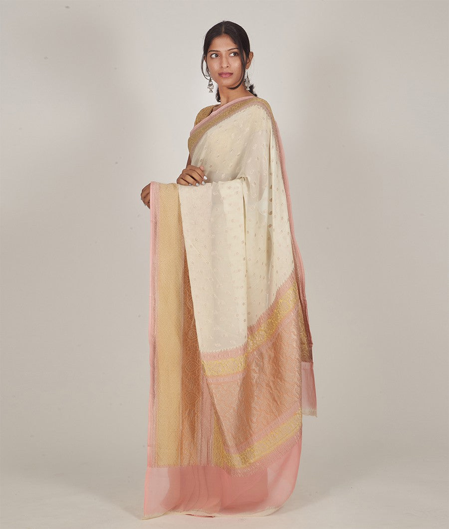 Cream Banarasi Khaddi Georgette Saree Silver Zari - kaystore.in