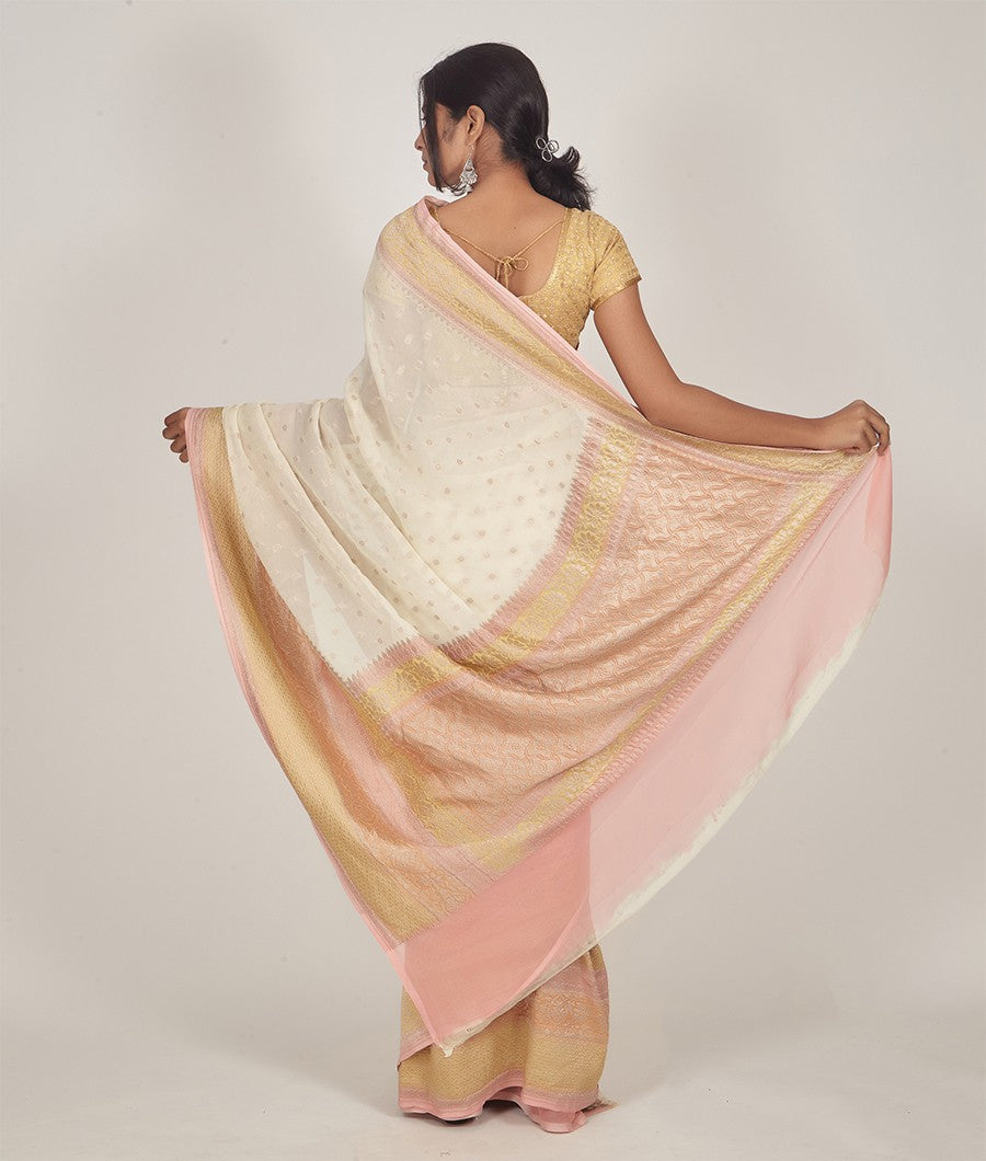 Cream Banarasi Khaddi Georgette Saree Silver Zari - kaystore.in