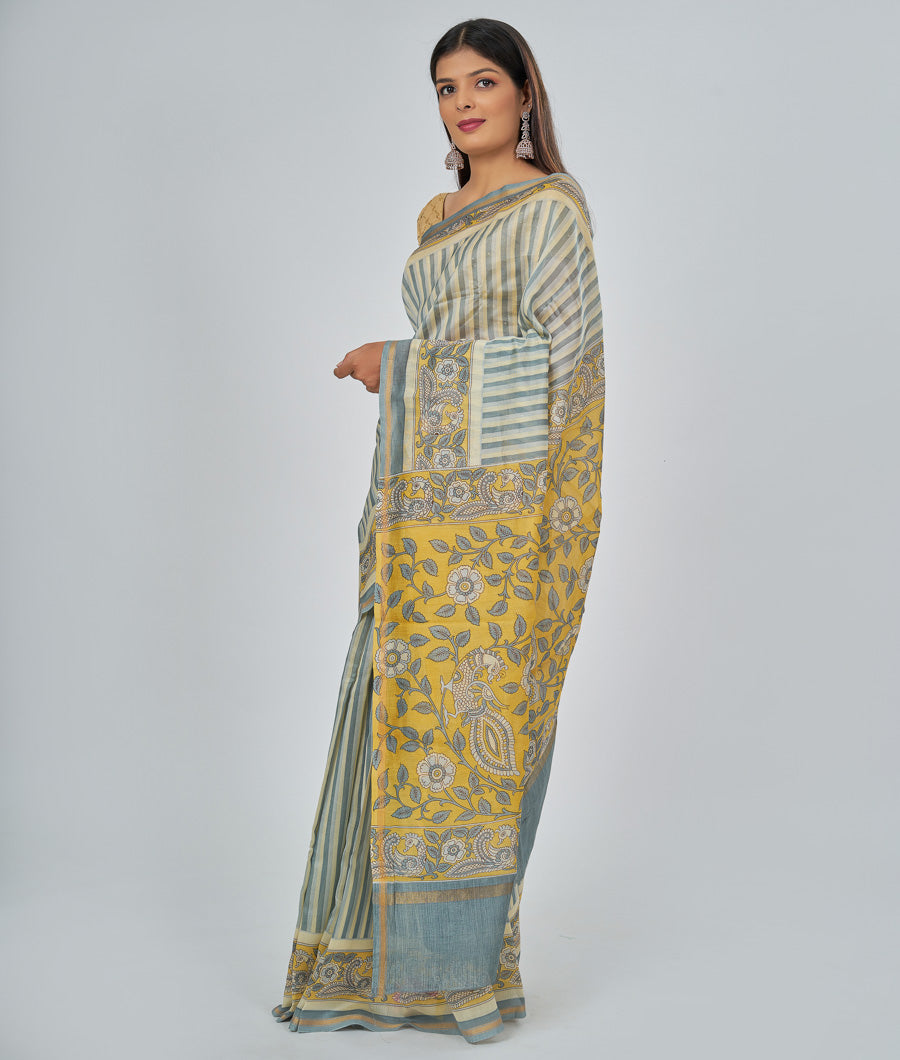 Grey Chanderi Saree Stripes With Prited Work - kaystore.in